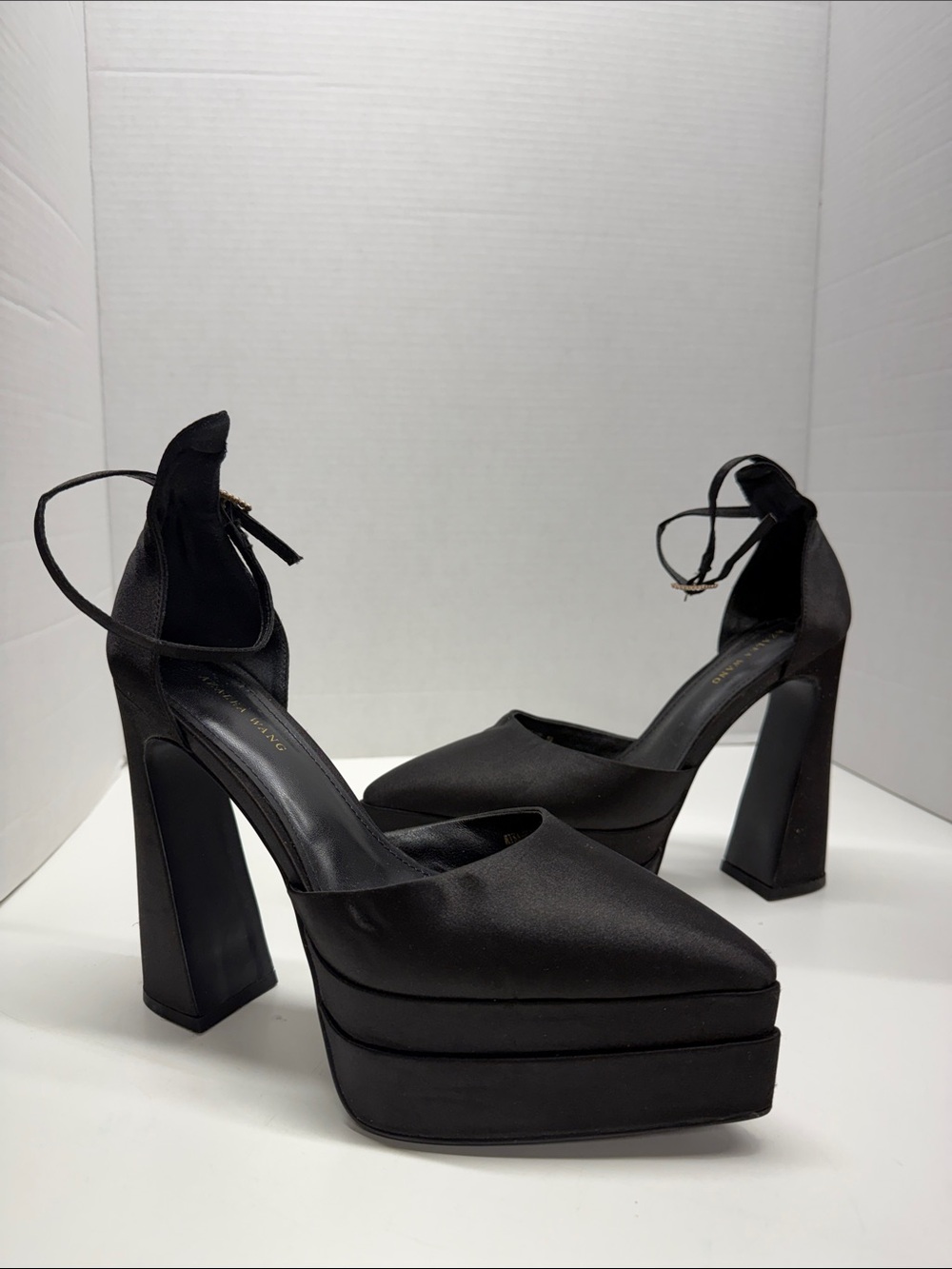 Azalea Wang Mika Chunky Platform High Heel Pump Shoes Satin Ankle Strap Black 10